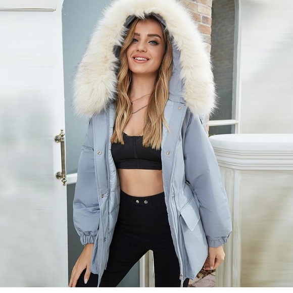 Blue and White Puffer Jacket with Contemporary Style - Picture 1 of 11